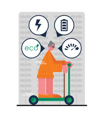 Senior woman riding electric scooter in city, using urban eco-friendly transport. Reducing world energy consumption. Contemporary vehicle rental services, company rating. Flat vector illustration
