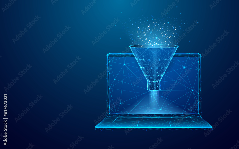 Poster Digital Sales Funnel on Laptop. Big Data Concept on Technological Blue Background. Abstract Data Flow and Filter on the Screen. Low Poly Wireframe Vector Illustration. Starry sky polygonal style.