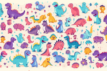 Motif sans couture avec dinosaure sur fond coloré. Illustration vectorielle pour impression sur tissu, carte postale, papier d'emballage, produits cadeaux, papier peint, vêtements. Fond de bébé mignon