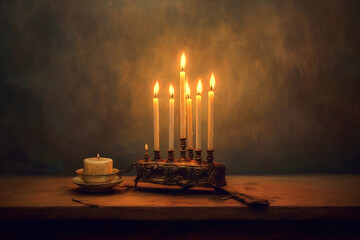 Candlestick with burning candles for Hanukkah, Ai generated - obrazy, fototapety, plakaty
