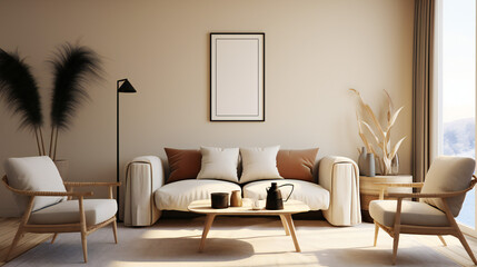 Stylish Living Room Interior with Mockup Frame Poster, Modern interior design, 3D render, 3D illustration