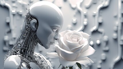 robotic Ai curiously look at white rose, idea for Ai training theme, Generative Ai
