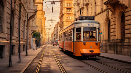 Naklejka na ściany i meble Line tram between buildings in Budapest Hungary