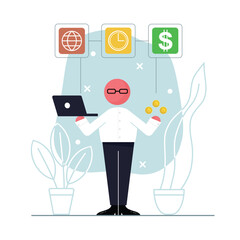 Man holding laptop and working. Cartoon character organizing and managing time, doing different tasks. Process of managing schedule. Vector flat illustration in blue colors