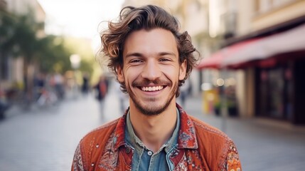 Young happy man smiling and looking at the camera outdoors. Close-up portrait of a laughing handsome European man in the city. Cheerful adult Caucasian man walking in a city on a bright summer day.