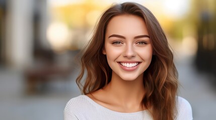 Fototapeta premium Closeup portrait of a beautiful happy young woman smiling and looking at camera. Portrait of a beautiful girl looking at camera in the street. Cheerful young woman with brown hair and healthy a smile