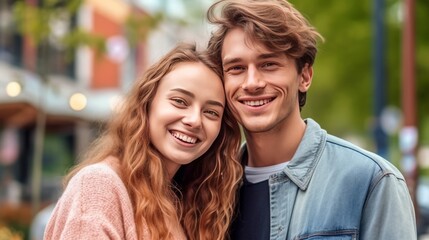 Happy young European couple looking at the camera in the city. Portrait of smiling couple standing in the street, lifestyle. Cheerful Caucasian couple hugging each other. AI Generated.