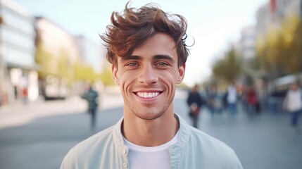 Young happy man smiling and looking at the camera outdoors. Close-up portrait of a laughing handsome European man in the city. Cheerful adult Caucasian man walking in a city on a bright summer day.