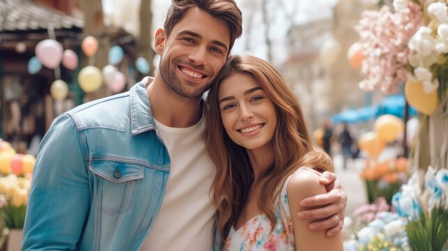 Happy young European couple looking at the camera in the city. Portrait of smiling couple standing in the street, lifestyle. Cheerful Caucasian couple hugging each other. AI Generated.