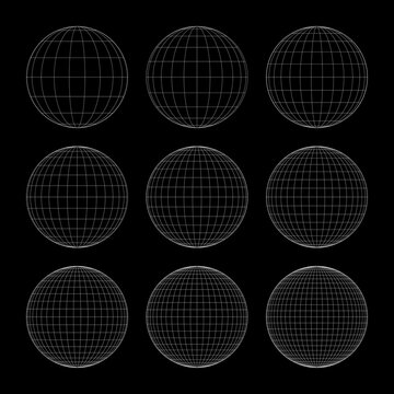 Globe grid spheres. Striped 3D spheres, geometry globe grid, earth latitude and longitude line grid vector symbol set. Spherical grid globe shapes. Illustration globe striped, global geography surface