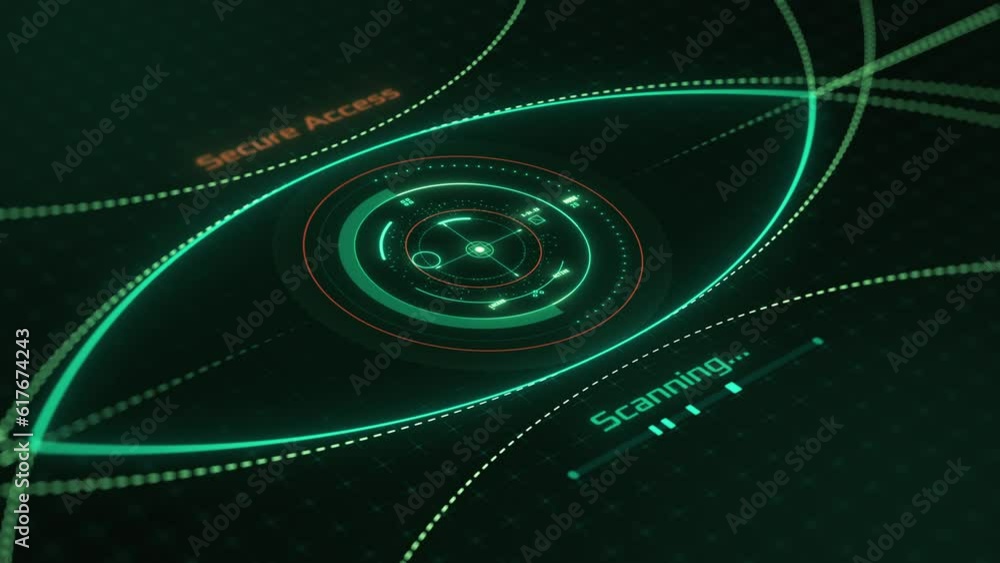 Poster futuristic biometric access, eye scan and recognition hud, secure access, cyber security (3d render)