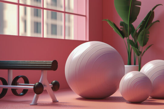 a close-up shot of stability ball in a gym room with a sweet and cute color