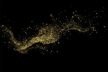 Texture of gold glitter, on a black background. Abstract golden color particles, confetti glitter explosion. Festive background.