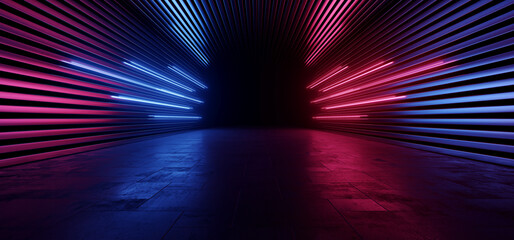 Futuristic Sci Fi Cyber Modern Neon Laser Blue Red Beams Lights Metal Stripe Glossy Barn Garage Parking Studio Showroom Tunnel Corridor Underground Concrete Warehouse Room 3D Rendering