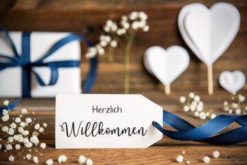 Label With White Heart Decoration, Flower, Gift, Text Willkommen Means Welcome