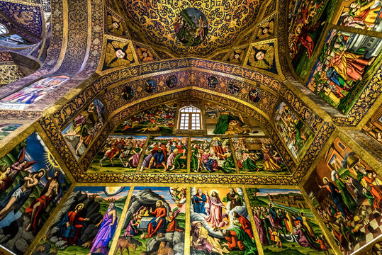 Isfahan, Iran - October 20, 2016: Paintings depicts the life of Jesus in Vank - Holy Savior Cathedral in Isfahan
