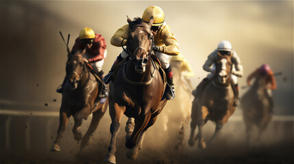 Horse Racing close up Photo. Sports, Horse racers. Ai generative. - obrazy, fototapety, plakaty