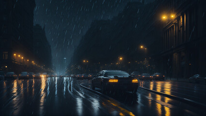 Fototapeta na wymiar Heavy rain in the city at night. Rainy day. Car on the road.