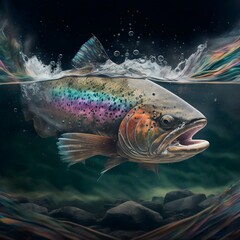 Digital Art ink HD Angry Powerful Studio Lighting Mist Electric trout rainbow trout water stream fly fishing perspective in the water 8k photorealistic stream rocks fishing line fly in the trouts 