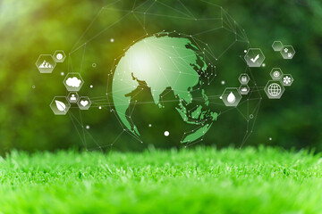 Glass globe in green forest with the icon environment of ESG, co2, circular company, and net zero....