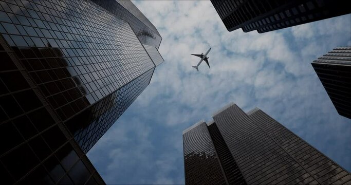 Bottom view of a passenger long-haul aircraft liner flying over skyscrapers in the business center of a large city. Reflections of the plane in the windows of buildings on a sunny day. Travel concept.