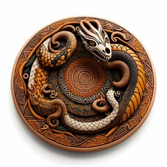 clay without pain pottery disc depicting a snake stylized aztec white background realistic 8k 
