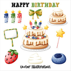 Happy Birthday Cake strawberry blueberry candle and Bow Element Colorful Watercolor Vector File ,Clipart Cute cartoon style For banner, poster, card, t shirt, sticker