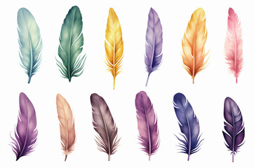 Set of bird feathers, watercolor illustration. Generative ai
