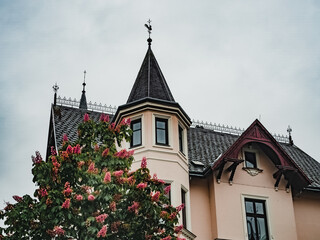 House with a tower in a small European city