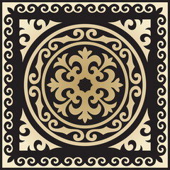 Vector golden with black Square Kazakh national ornament. Ethnic pattern of the peoples of the Great Steppe, Mongols, Kyrgyz, Kalmyks, Buryats..