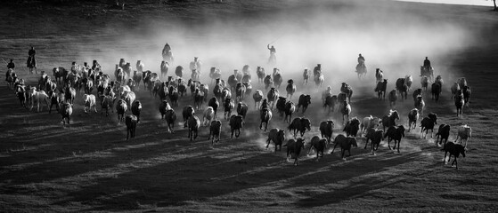 Obraz premium Aerial grayscale shot of a large herd of horses running across a meadow in the countryside.