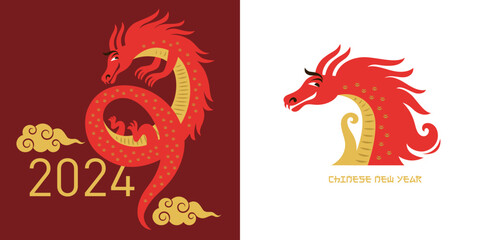 Chinese Happy New Year 2024. Year of the Dragon. Symbol of New Year. Greetings card. Two Images in red and gold colors