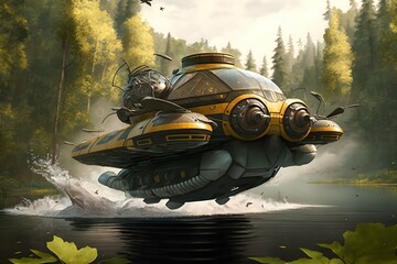 bee flying an enourmas hovercraft over water with forest at shoreline zbrush  - obrazy, fototapety, plakaty
