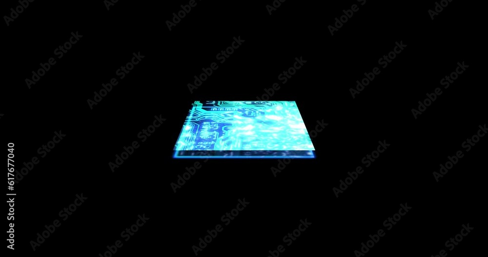 Aufkleber Hologram, virtual reality and digital cpu for information technology, data storage or cloud computing. Future, ai and 3d with microchip hardware on a dark background for cybersecurity or innovation