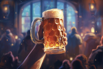 Foamy beer in large glass mug stands in local bar on Oktoberfest, Ai generated