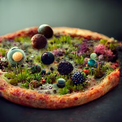 pizza swearl galaxies hole small plants different colour planets surreal 