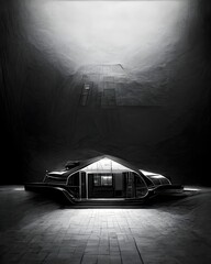 a point cloud of a house in the suburbs by Kenzo Tage futuristic symmetrical car photorealistic ultrarealistic 8k rendering volumetric lighting black background 