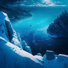 Frozen sea seen from the top of a snowy mountain realistic cinematic vibrant blue 
