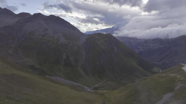 Evening atmosphere at the Furka Pass with view towards Gletsch and Grimsel, drone shot, Valais, Switzerland, Europe