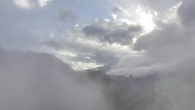 Clouds of fog on the Furka Pass, drone image, Uri, Valais, Switzerland, Europe