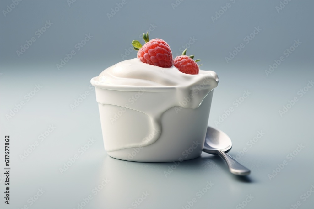 Poster yogurt with raspberries on the table. generated by ai.