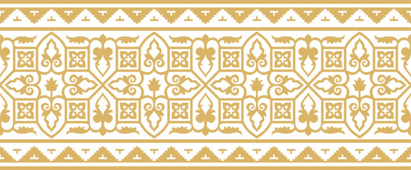 Vector golden seamless Byzantine border, frame. Endless Greek pattern, Drawing of the Eastern Roman Empire. Decoration of the Russian Orthodox Church..