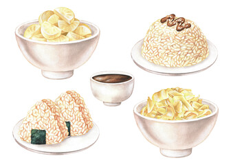 A set of Japanese dishes. Watercolor illustration. Onigiri, rice, pickled daikon, fermented cabbage, soy sauce. Clip art isolated on a white background. To restaurant menu designs, recipes