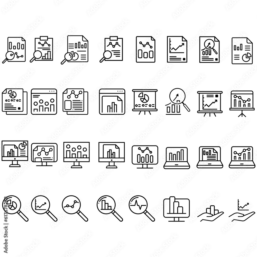 Poster business analytics icon vector set. data analysis illustration sign collection. data science symbol.