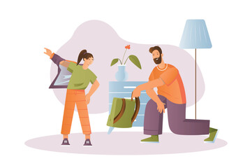 Healthy people concept with people scene in the flat cartoon design. Dad takes his daughter for a walk. Vector illustration.