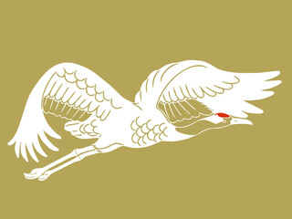 フラットな飛んでいるの鶴（タンチョウ）の手描きイラスト
