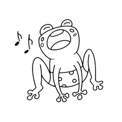 Cute funny frog for design. Drawing cartoon animal character for kids worksheet, book, game, poster. Vector illustration. Black outline drawing on white background.  