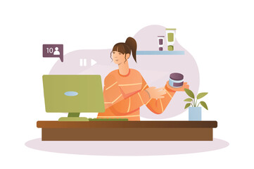Video streaming concept with people scene in the flat cartoon style. A girl records a video review of new cosmetics. Vector illustration.