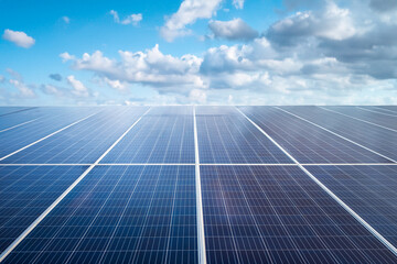 Solar power panels station with sky landscape background. Environment electricity renewable sun energy. Photovoltaic eco-green technology research saving. Business battery cell array clean system.