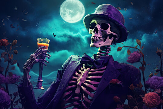chilling skeleton in a suit enjoys a cocktail, festive halloween art